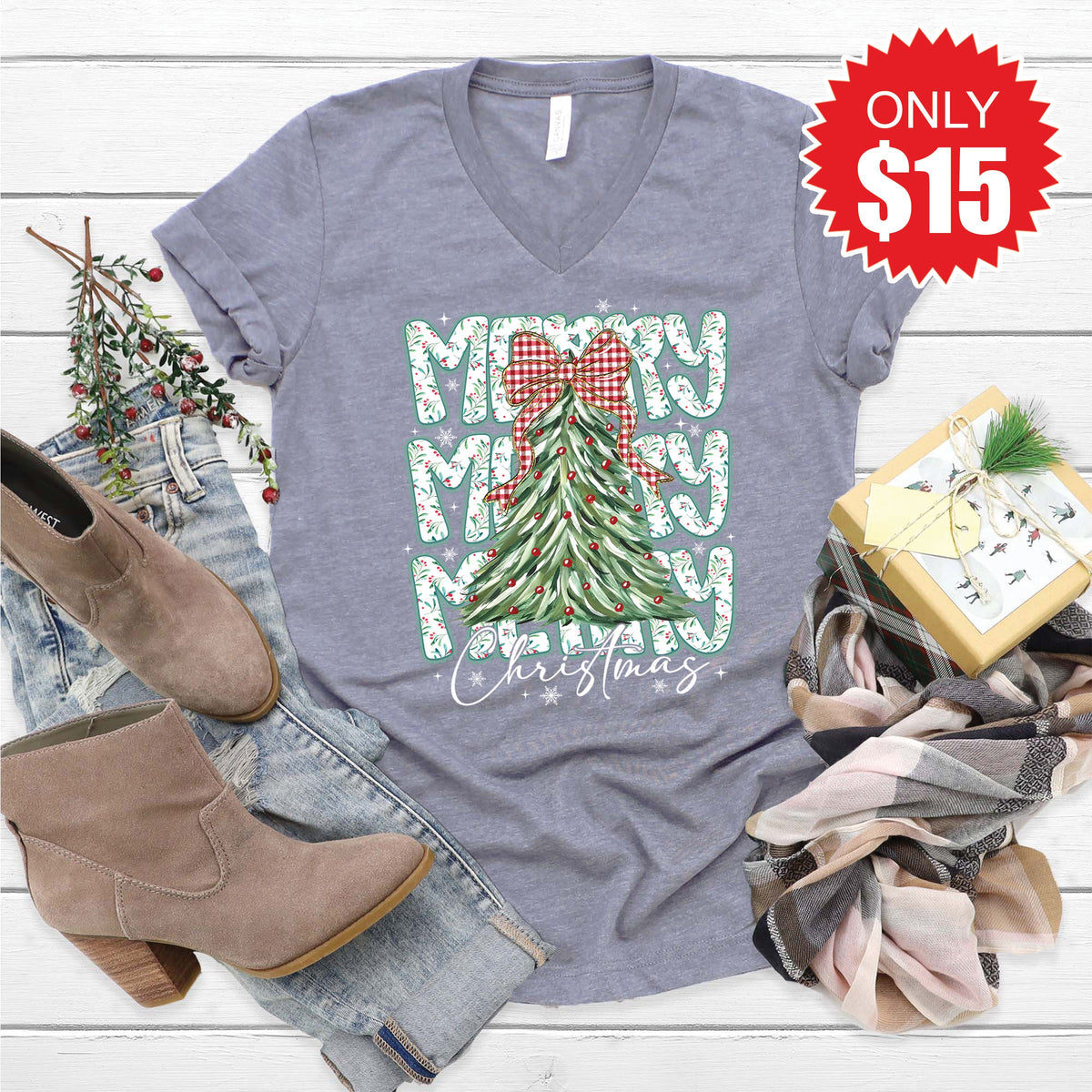 Merry Christmas V-Neck - Heather Storm - 15