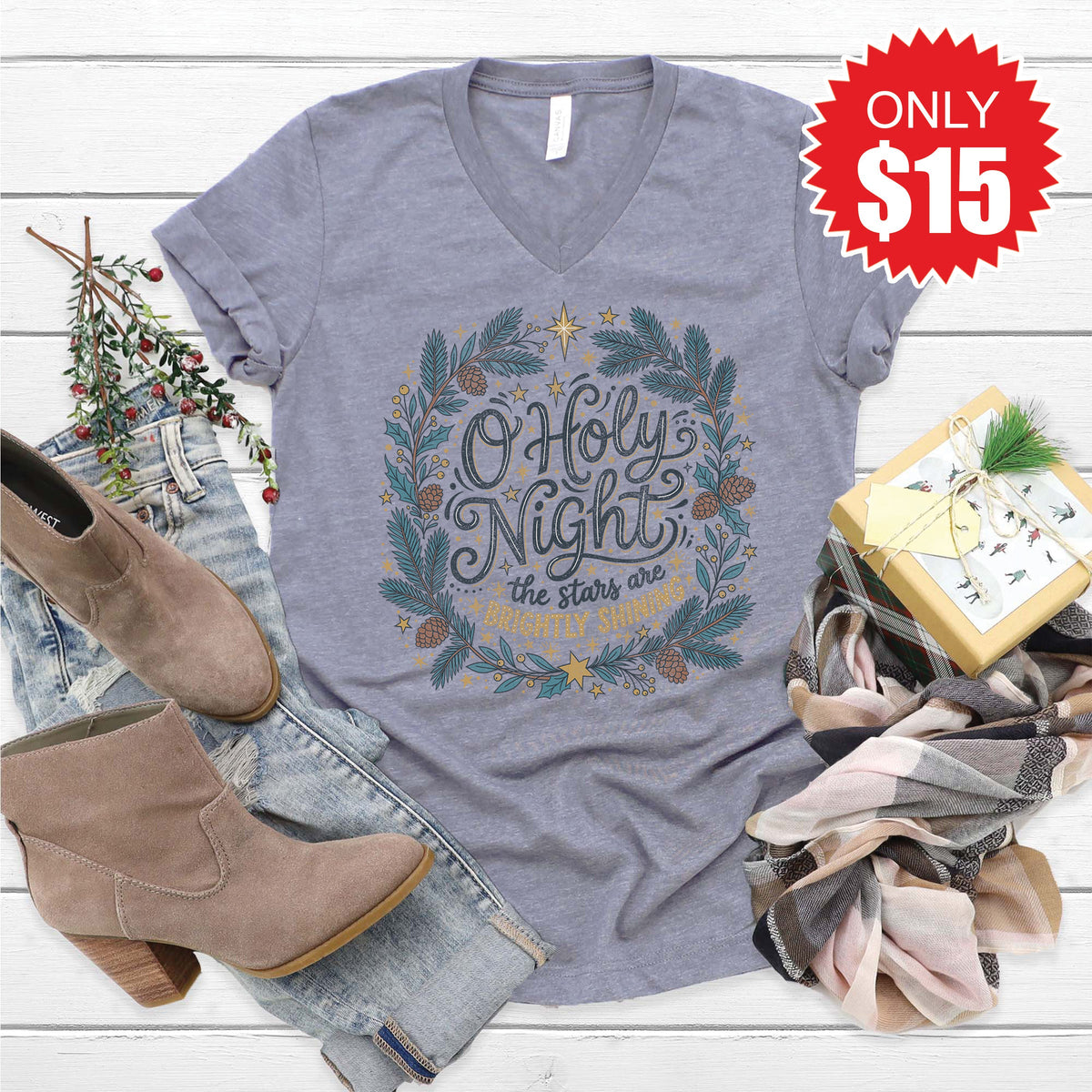 O Holy Night V-Neck - Heather Storm - 15