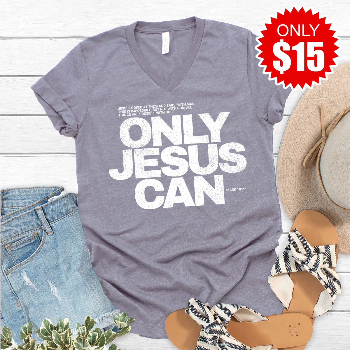 Only Jesus Can V-Neck - Heather Storm - 15