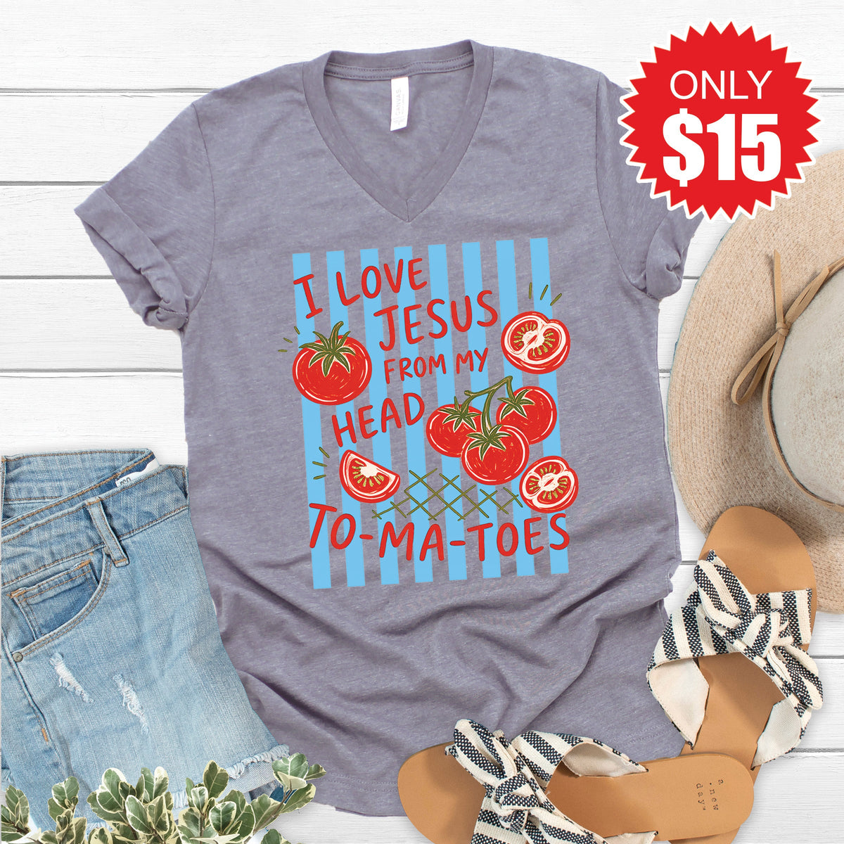 Jesus Tomatoes V-Neck - Heather Storm - 15