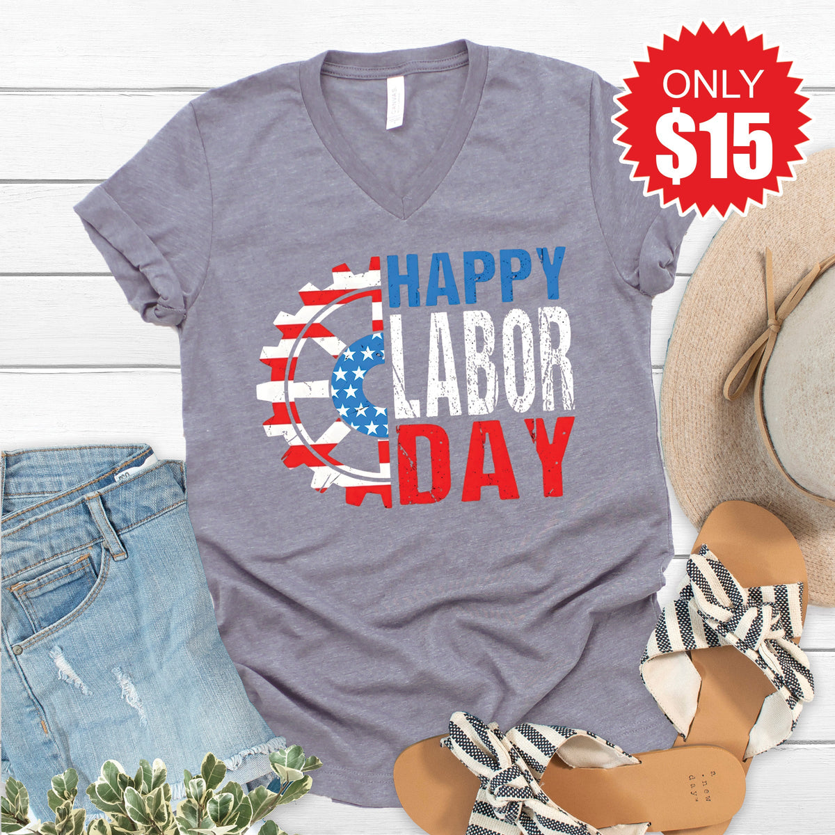 Happy Labor Day V-Neck - Heather Storm - 15