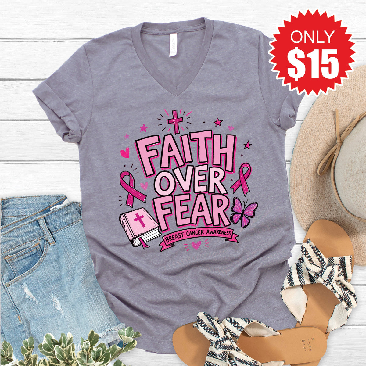Faith Over Fear V-Neck - Heather Storm - 15