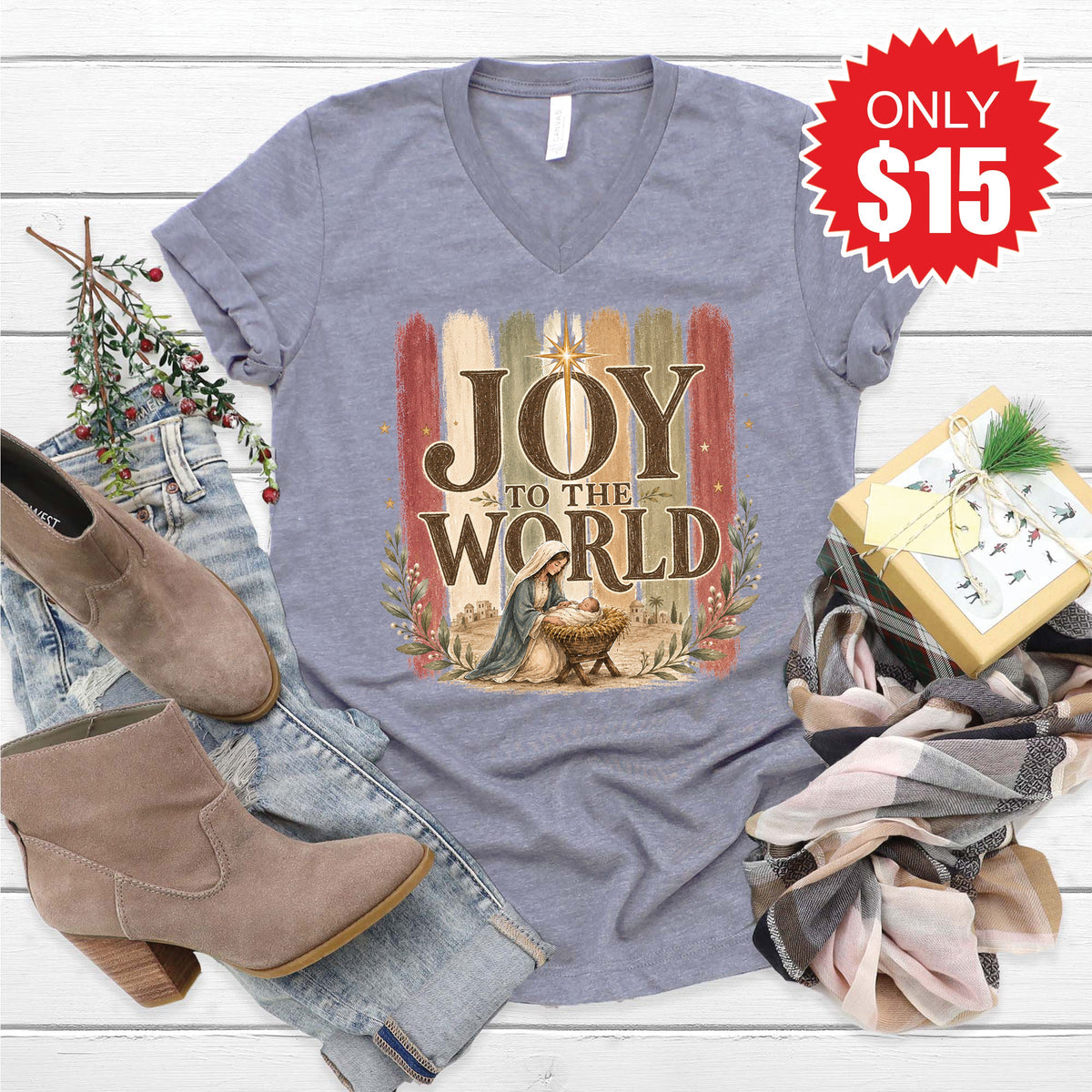 Joy To The World V-Neck - Heather Storm - 15