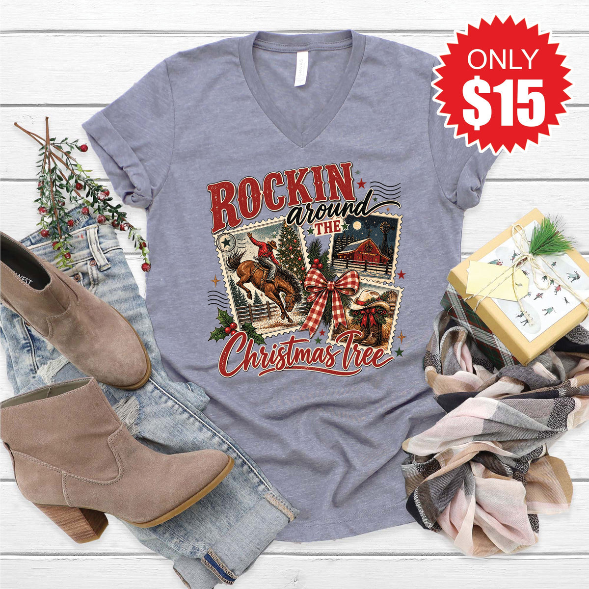 Rockin Around The Christmas Tree V-Neck - Heather Storm - 15
