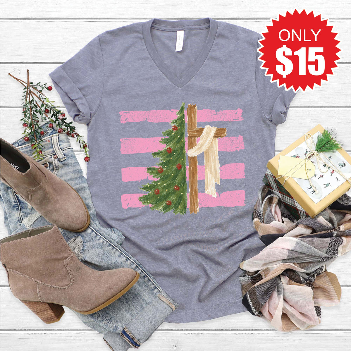 Cross and Christmas Tree V-Neck - Heather Storm - 15