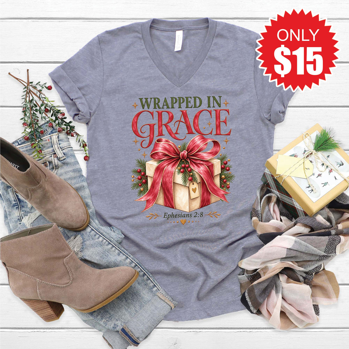 Wrapped In Grace V-Neck - Heather Storm - 15