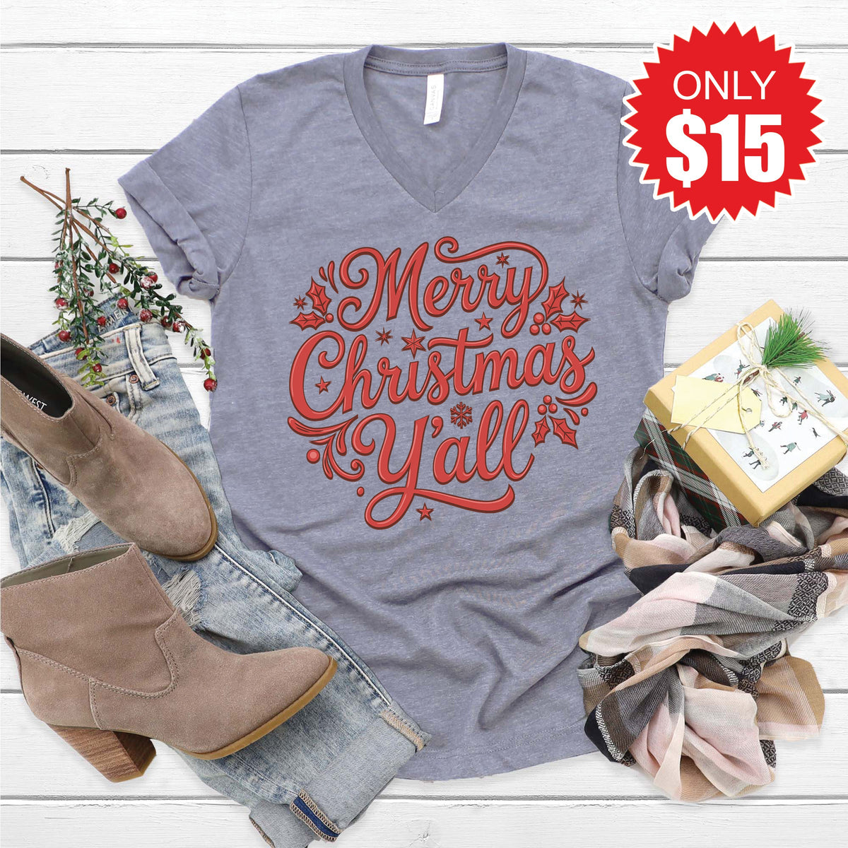 Merry Christmas Yall V-Neck - Heather Storm - 15
