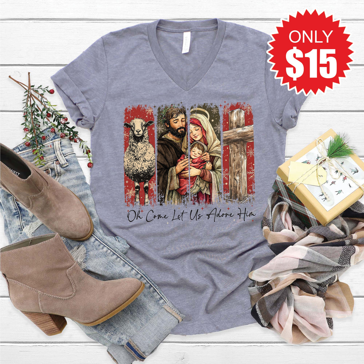 Let Us Adore Him V-Neck - Heather Storm - 15