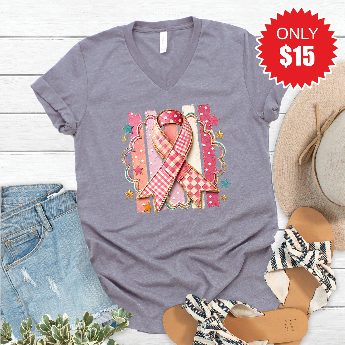 Pink Ribbon V-Neck - Heather Storm - 15