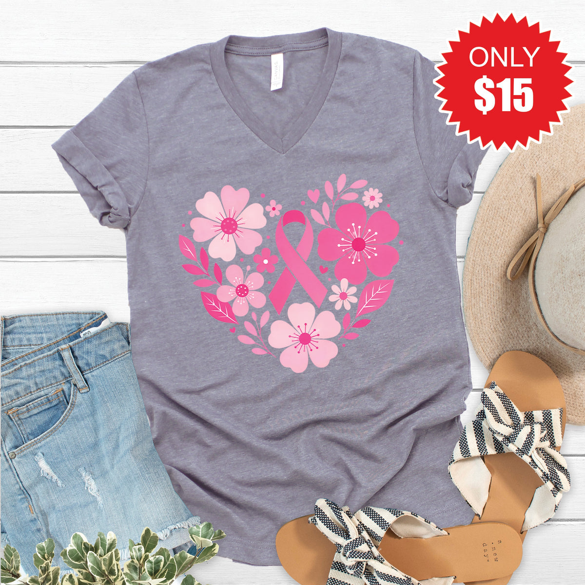 Pink Ribbon Floral V-Neck - Heather Storm - 15