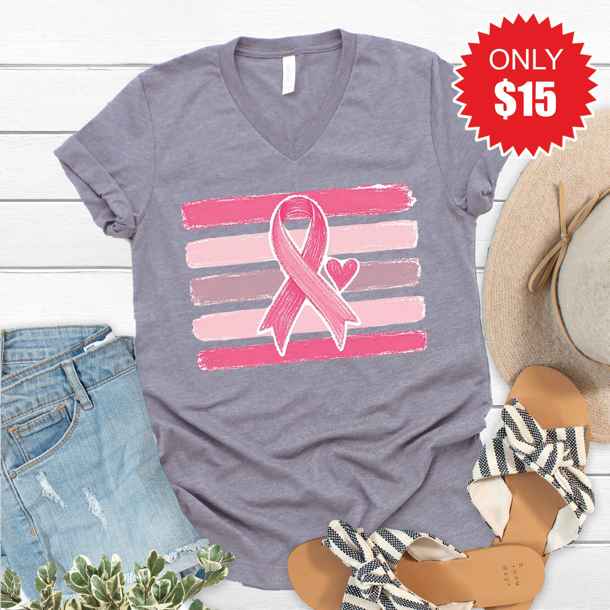 Pink Ribbon V-Neck - Heather Storm - 15