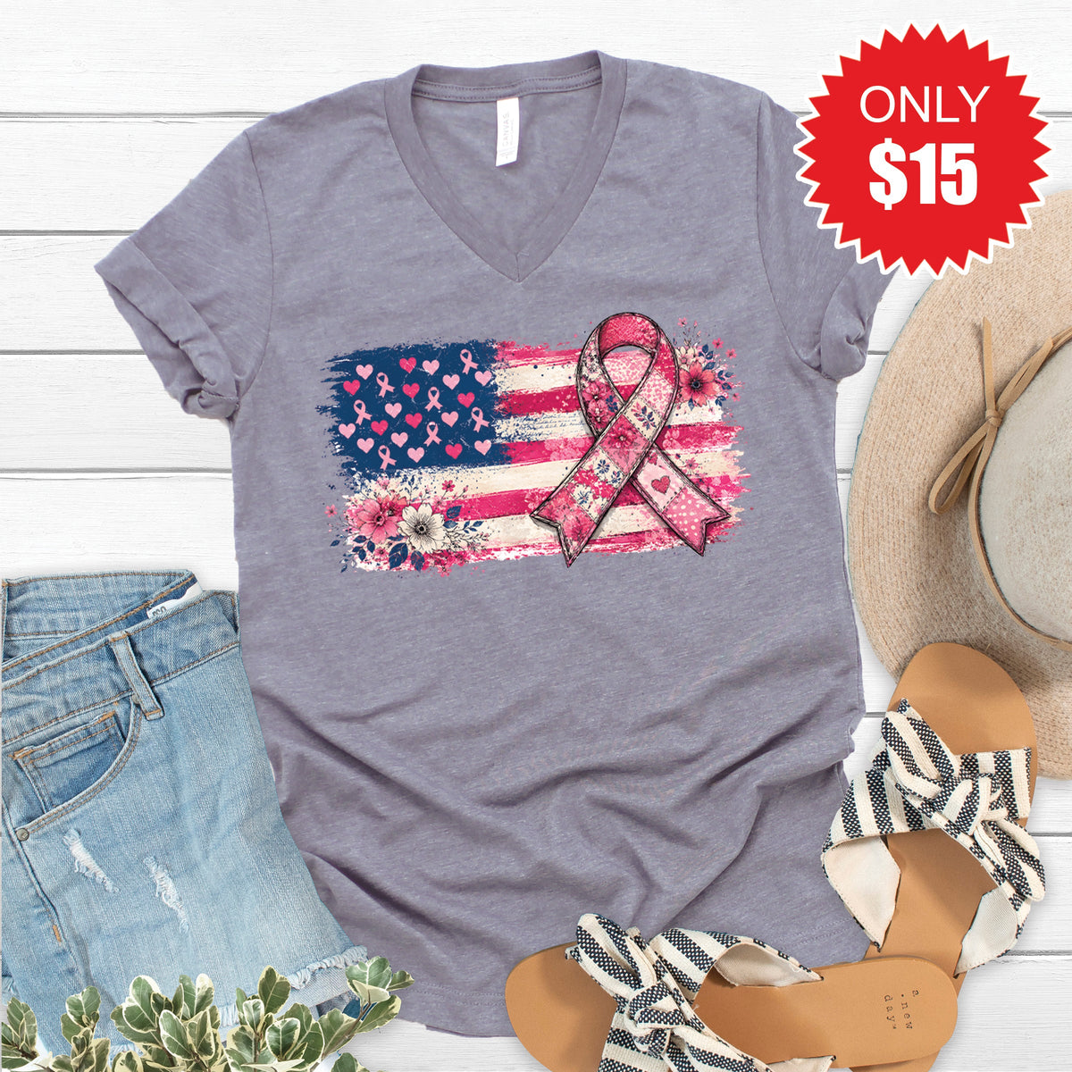 Pink Ribbon V-Neck - Heather Storm - 15