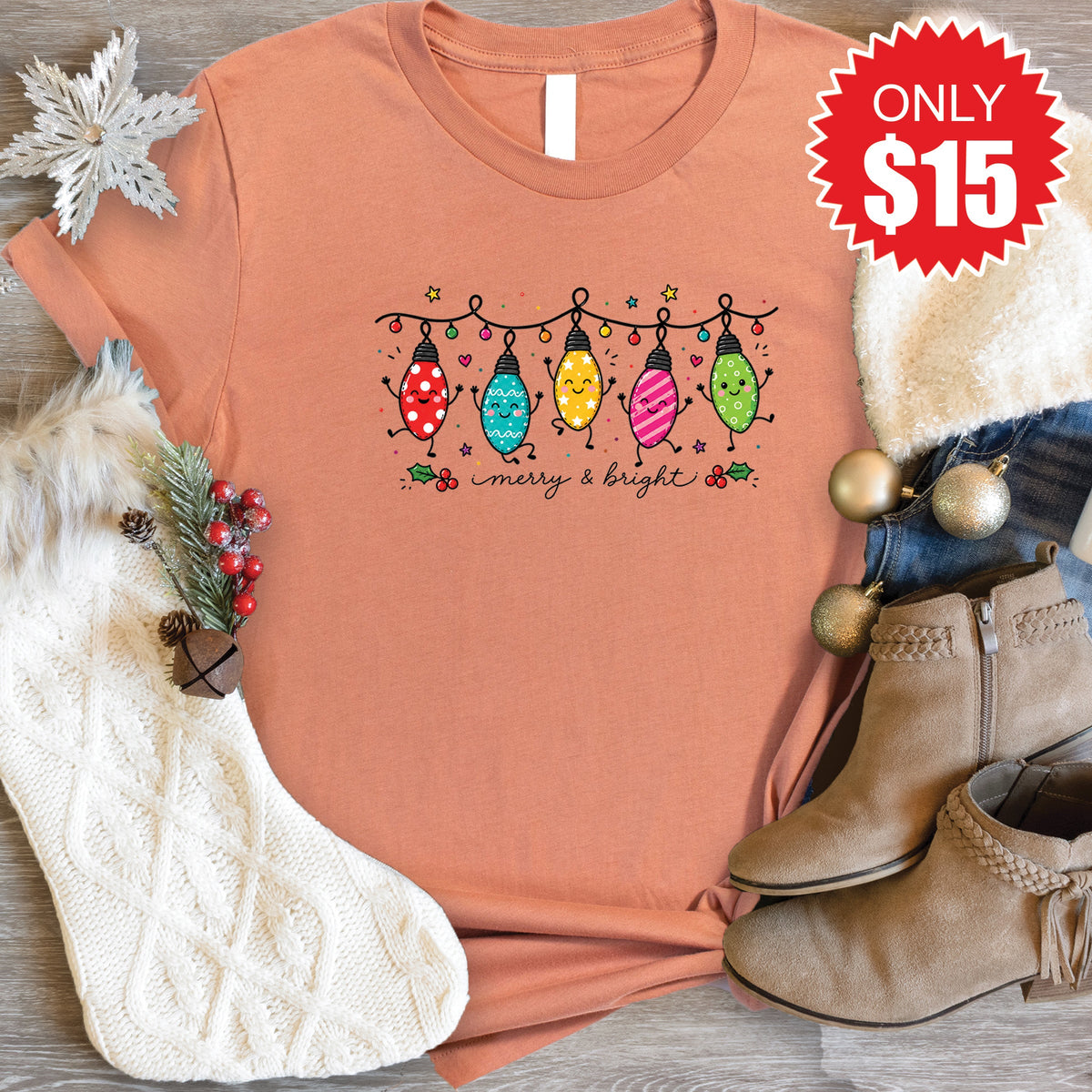 Merry and Bright Bulbs Tee - Heather Terracotta - 15 product image 1