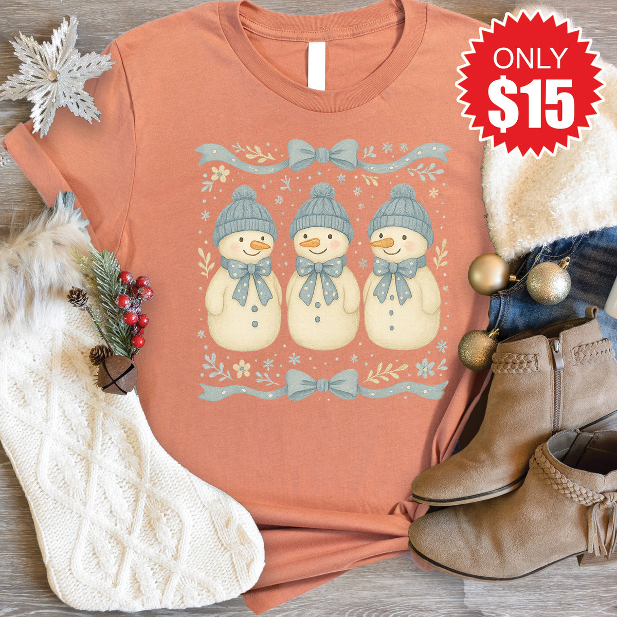 Snowmen Tee - Heather Terracotta - 15 product image 1