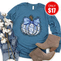 Blue Floral Pumpkin Long Sleeve - Heather Deep Teal - 17 product image 1