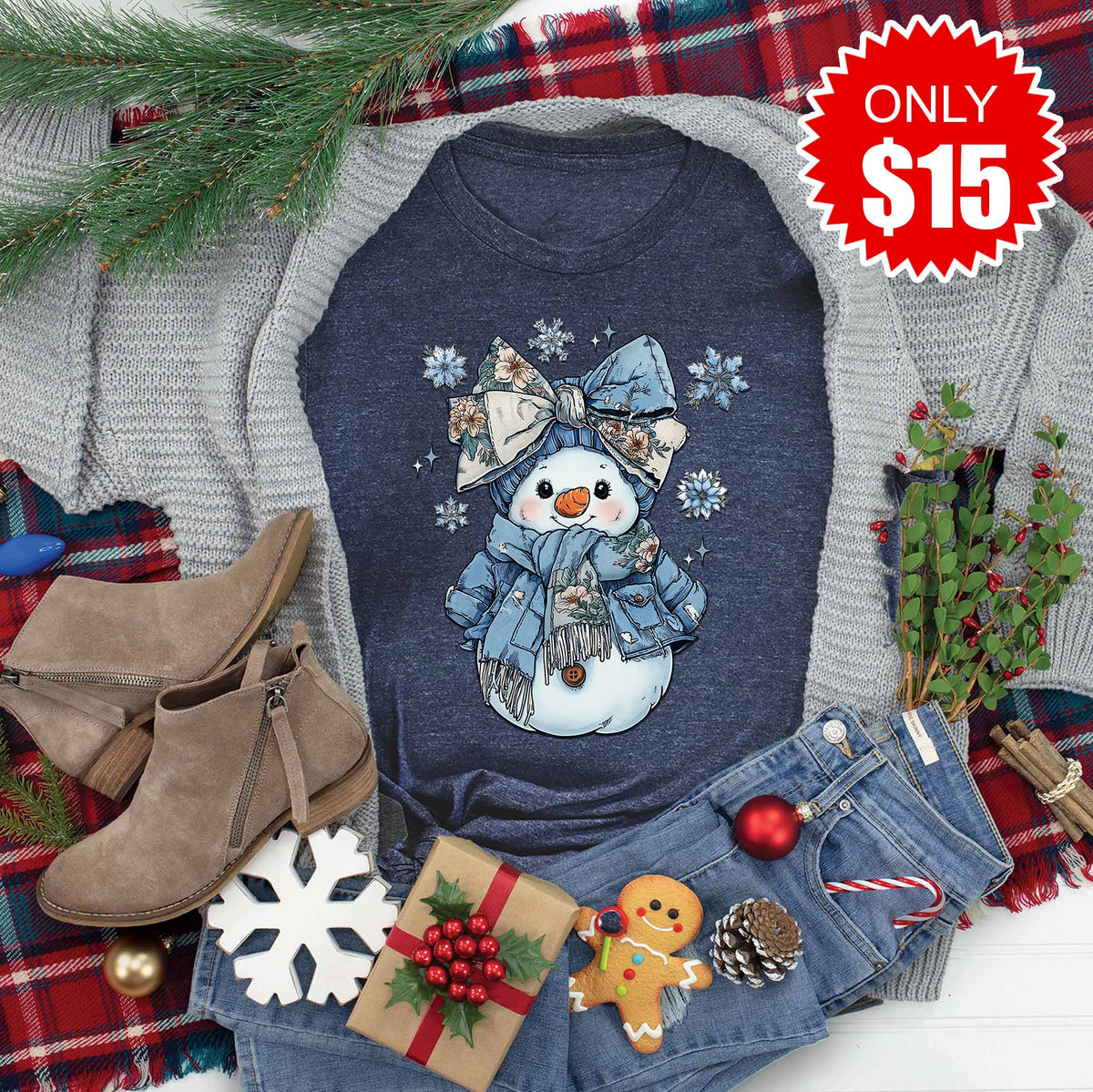 Snowman Blue Floral Tee - Heather Navy - 15 product image 1