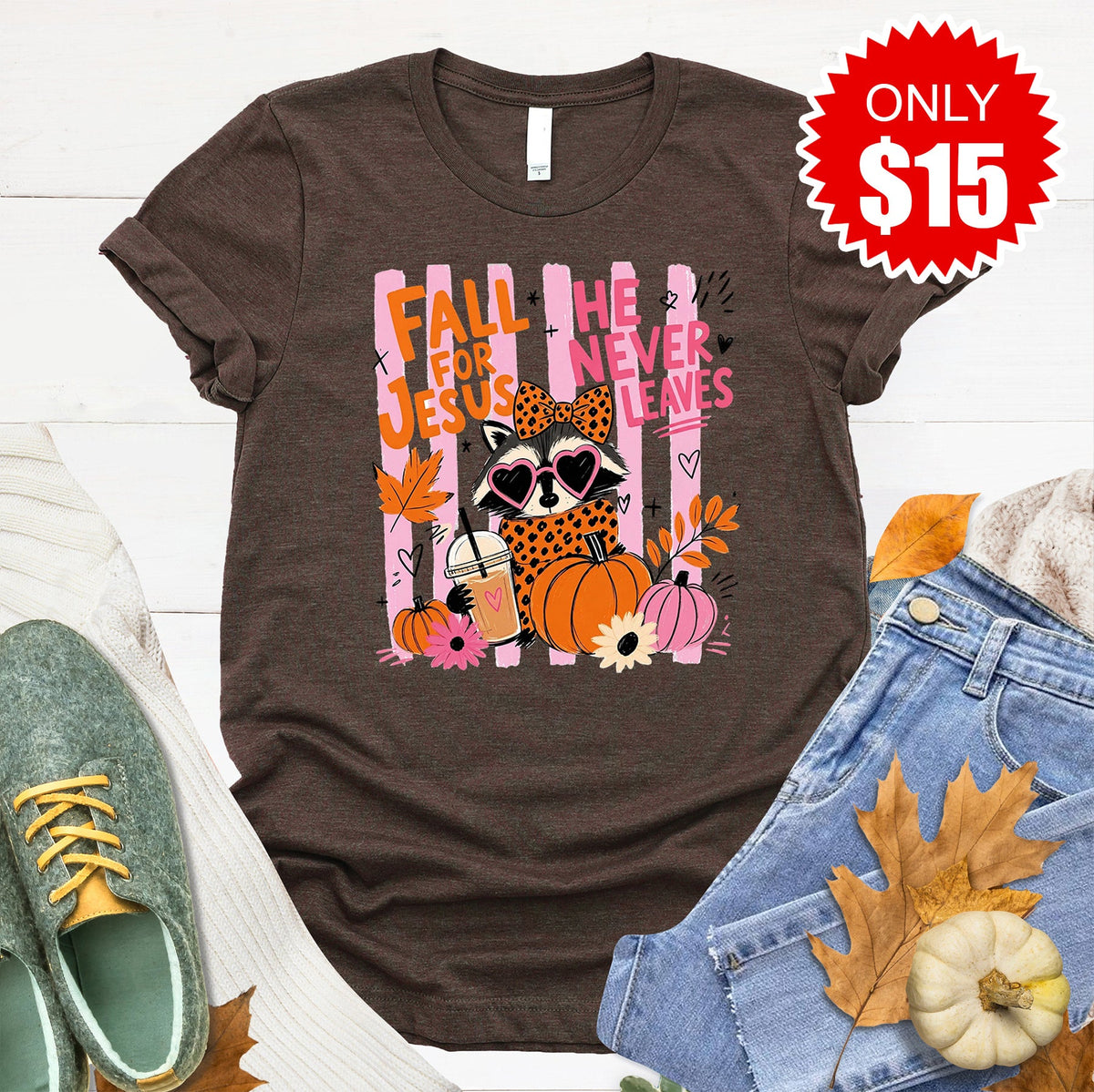 Fall For Jesus Racoon Tee - Heather Brown - 15 product image 1