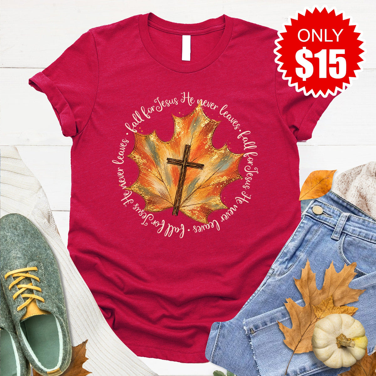 Fall For Jesus Tee - Heather Scarlet - 15 product image 1