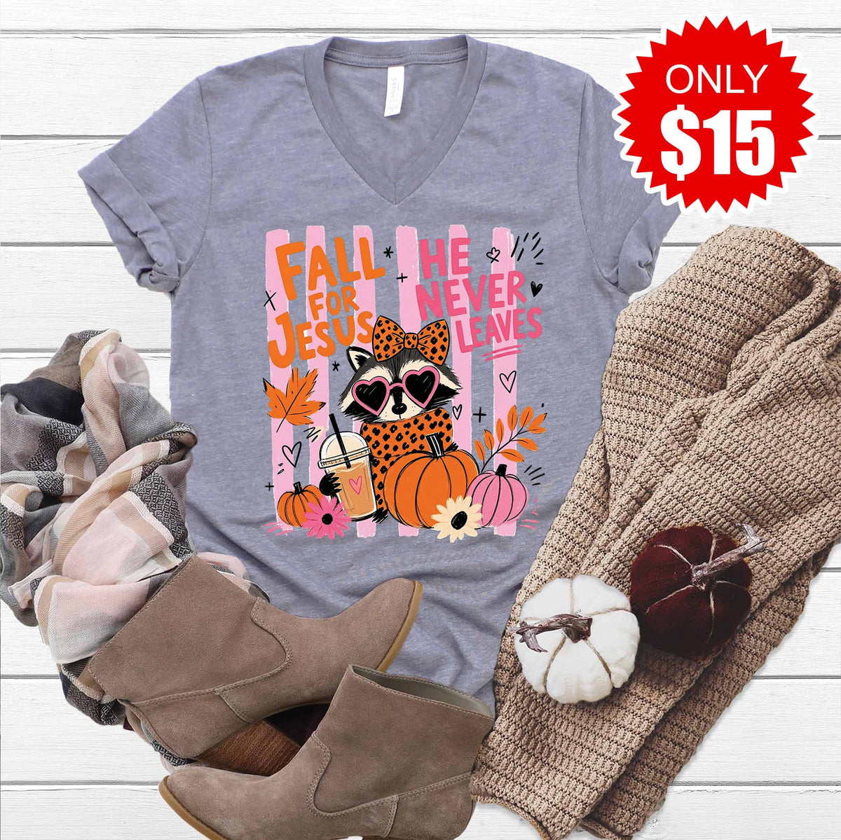 Fall For Jesus Racoon V-Neck - Heather Storm - 15