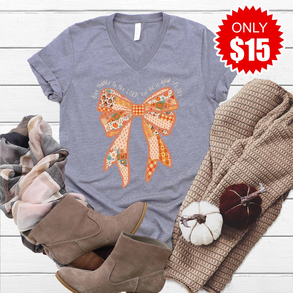 Give Thanks To The Lord V-Neck - Heather Storm - 15