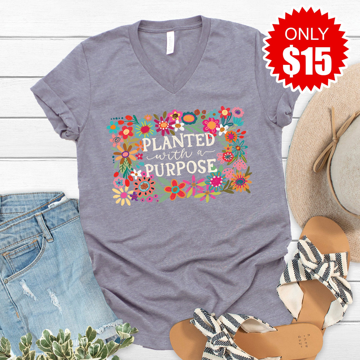 Planted With A Purpose V-Neck - Heather Storm - 15