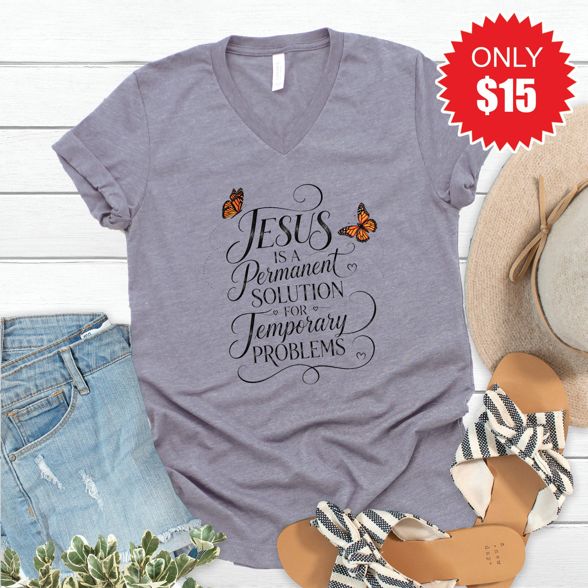 Jesus is a Permanent Solution V-Neck - Heather Storm - 15