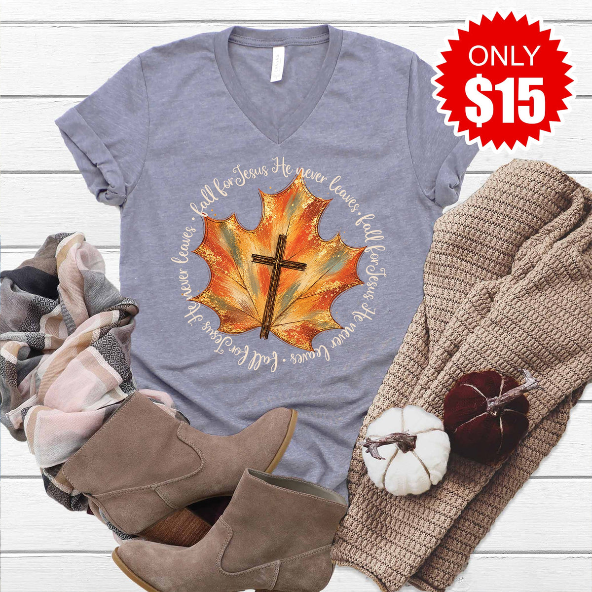 Fall For Jesus V-Neck - Heather Storm - 15