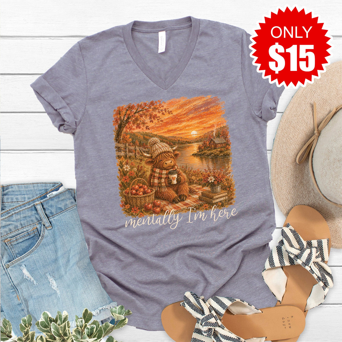 Mentally I'm Here V-Neck - Heather Storm - 15