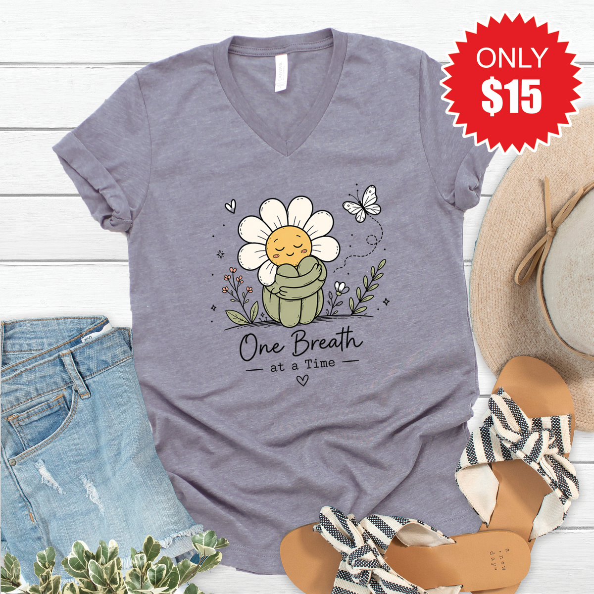 One Breath At A Time V-Neck - Heather Storm - 15