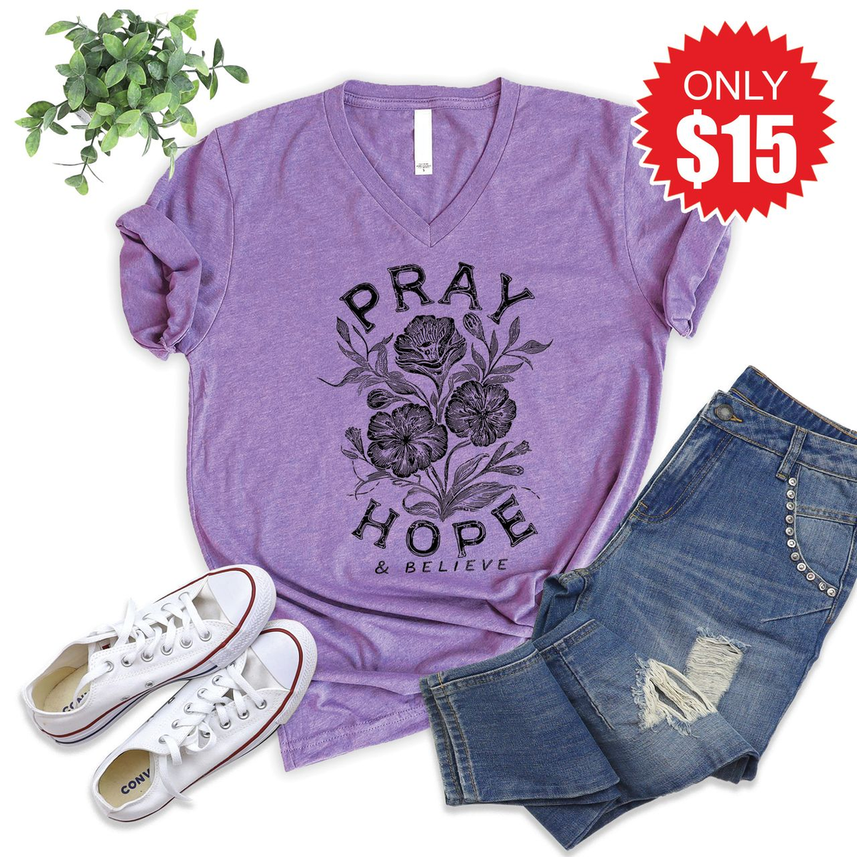 Pray Hope And Believe V-Neck - Heather Grape - 15